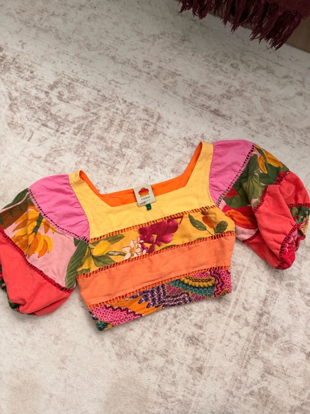 FARM Rio Multicolor Floral Patchwork Puff-Sleeve Crop Top